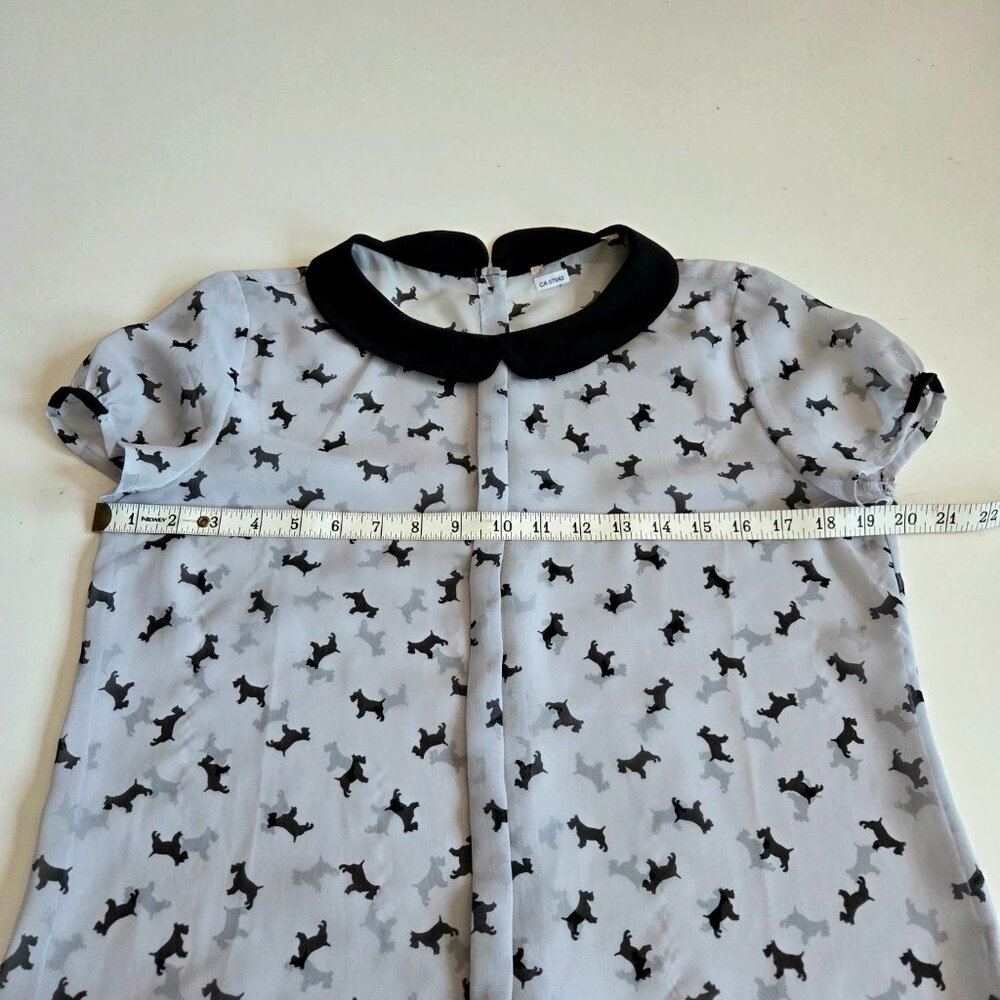 Peter Pan Collar Grey Dogs Pattern Blouse Short Sleeve Top - Picture 5 of 9